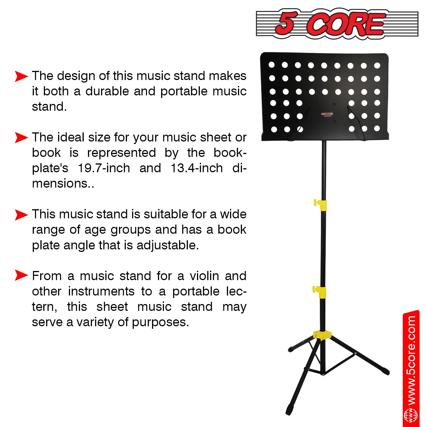 5Core Music Stand for Sheet Music Portable Tripod Adjustable Folding Note Holder Yellow