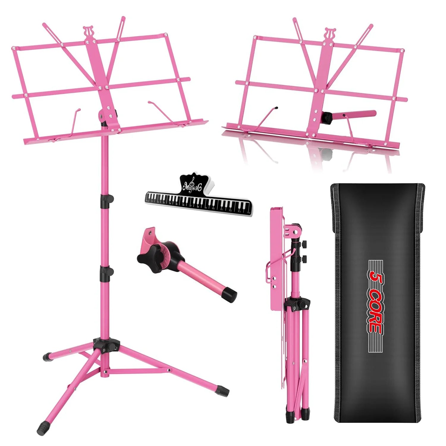 5Core Music Stand for Sheet Music Portable Tripod Adjustable Folding Note Holder Standard PINK