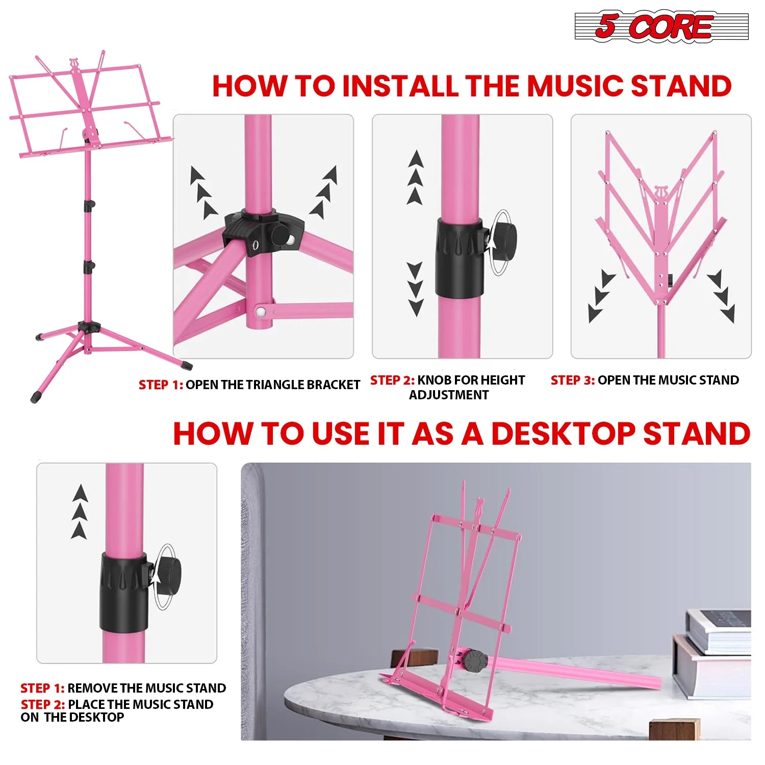 5Core Music Stand for Sheet Music Portable Tripod Adjustable Folding Note Holder Standard PINK