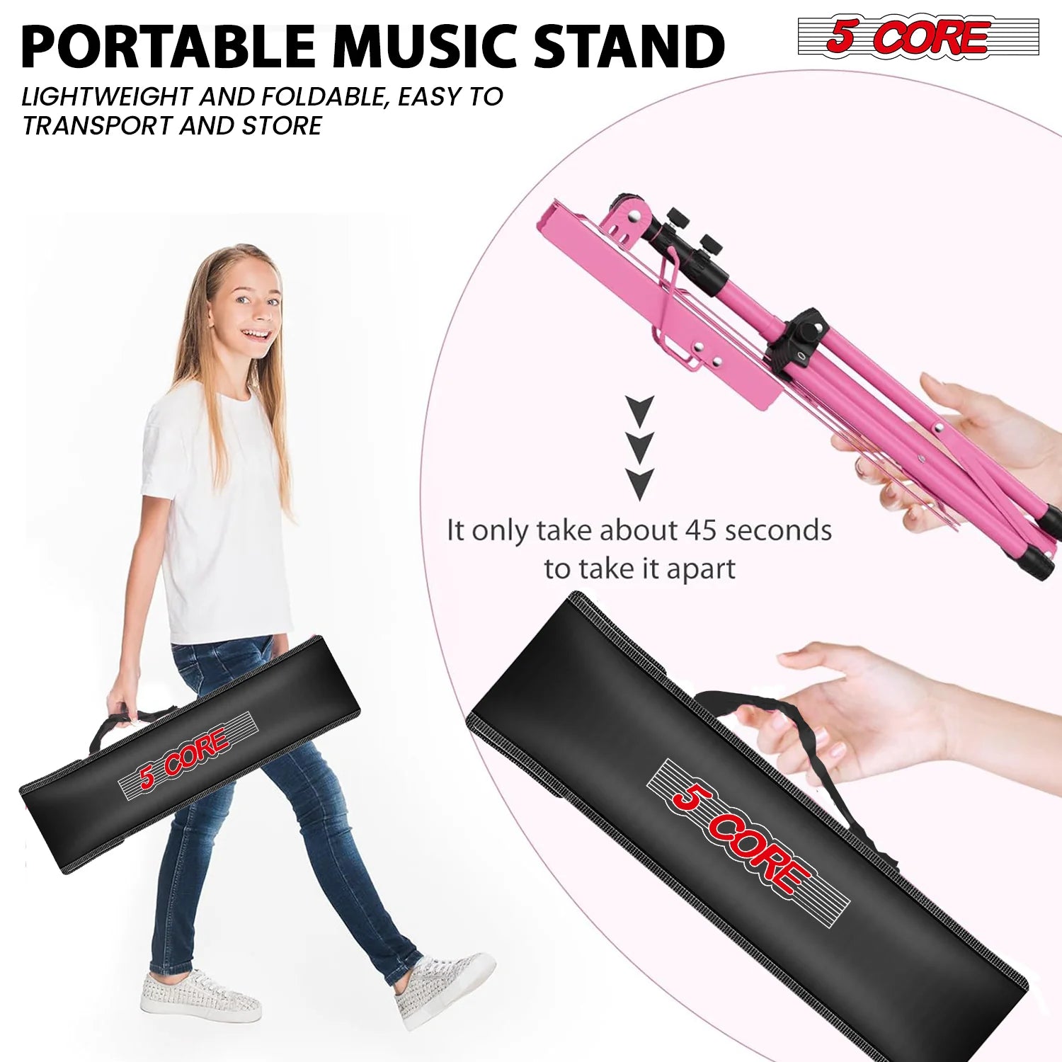5Core Music Stand for Sheet Music Portable Tripod Adjustable Folding Note Holder Standard PINK