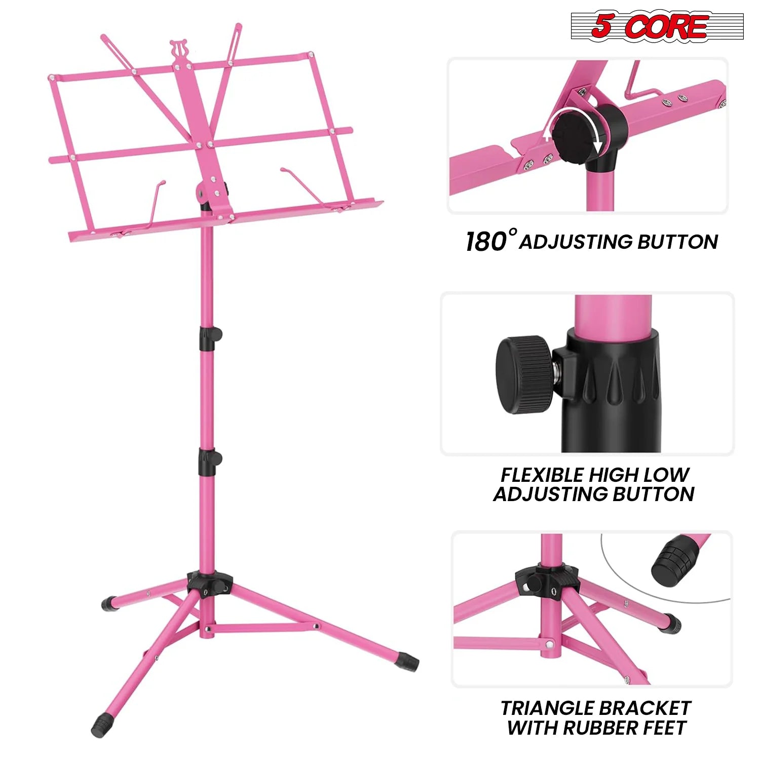 5Core Music Stand for Sheet Music Portable Tripod Adjustable Folding Note Holder Standard PINK