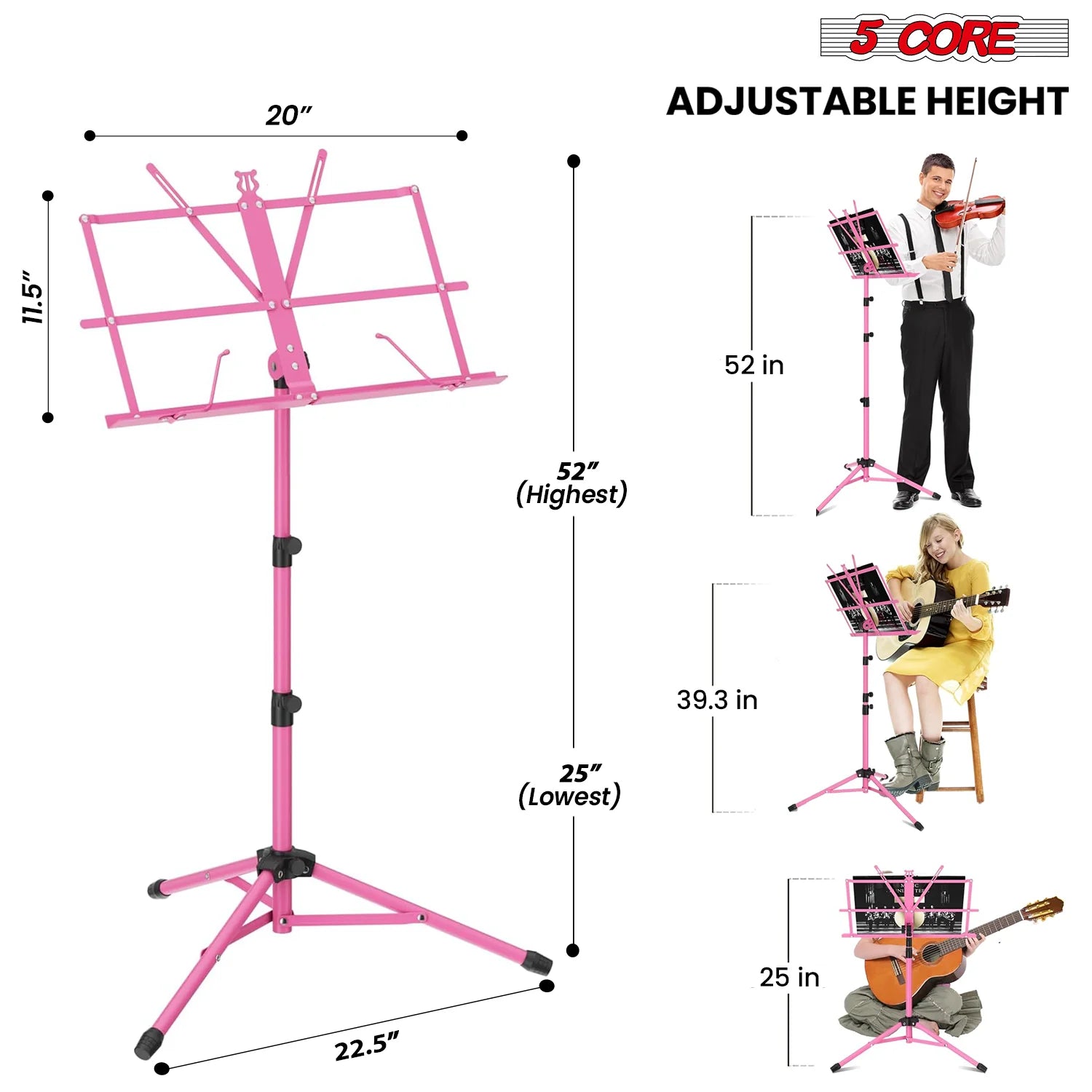 5Core Music Stand for Sheet Music Portable Tripod Adjustable Folding Note Holder Standard PINK