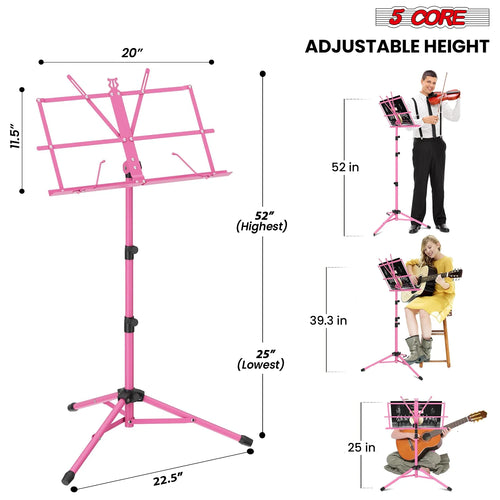 5Core Music Stand for Sheet Music Portable Tripod Adjustable Folding Note Holder Standard PINK