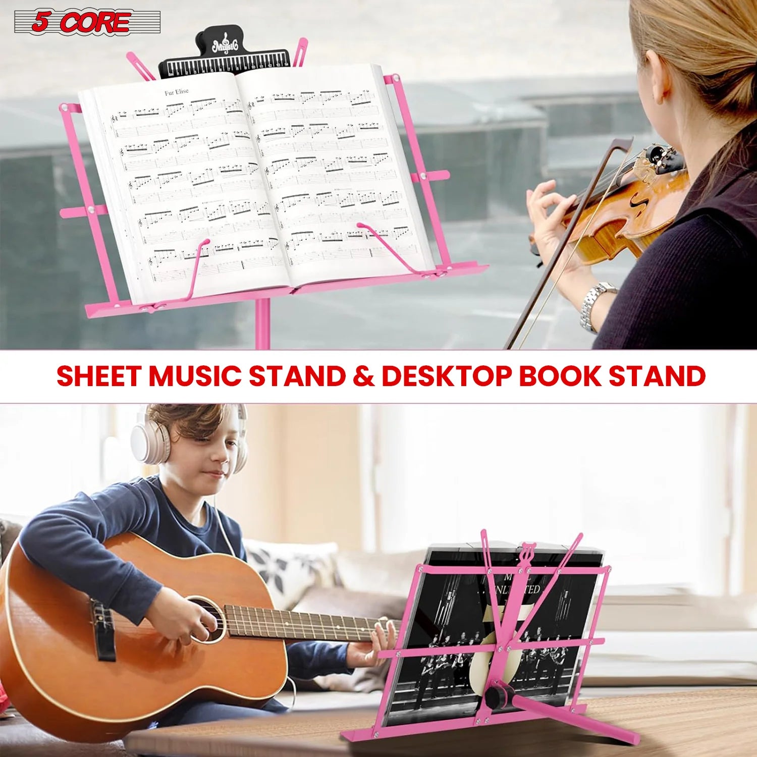 5Core Music Stand for Sheet Music Portable Tripod Adjustable Folding Note Holder Standard PINK