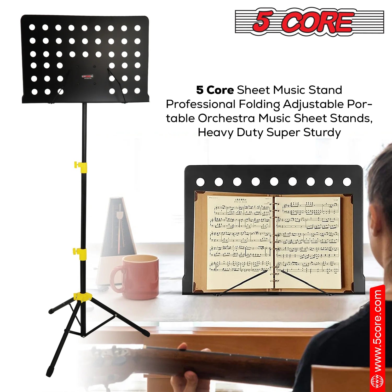 5Core Music Stand for Sheet Music Portable Tripod Adjustable Folding Note Holder Yellow