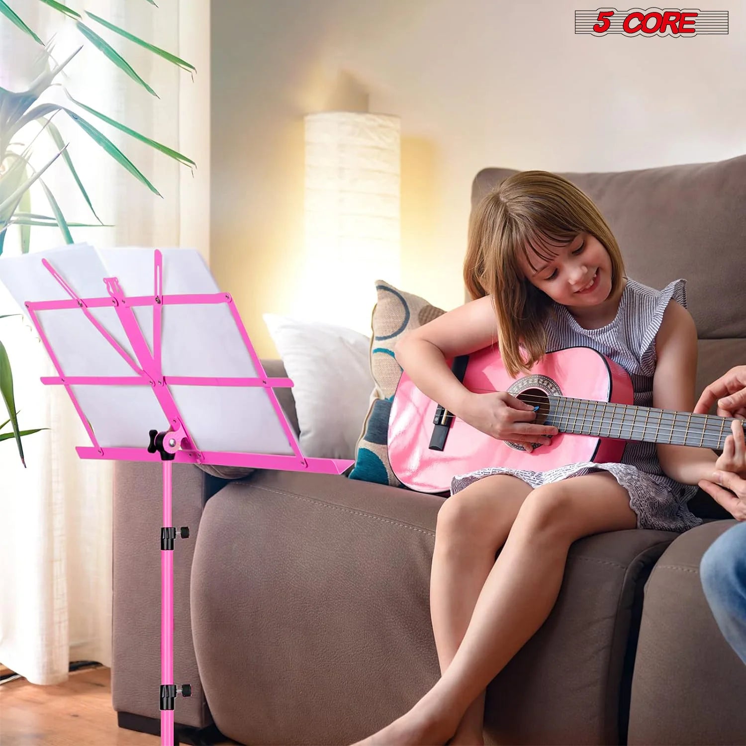 5Core Music Stand for Sheet Music Portable Tripod Adjustable Folding Note Holder Standard PINK