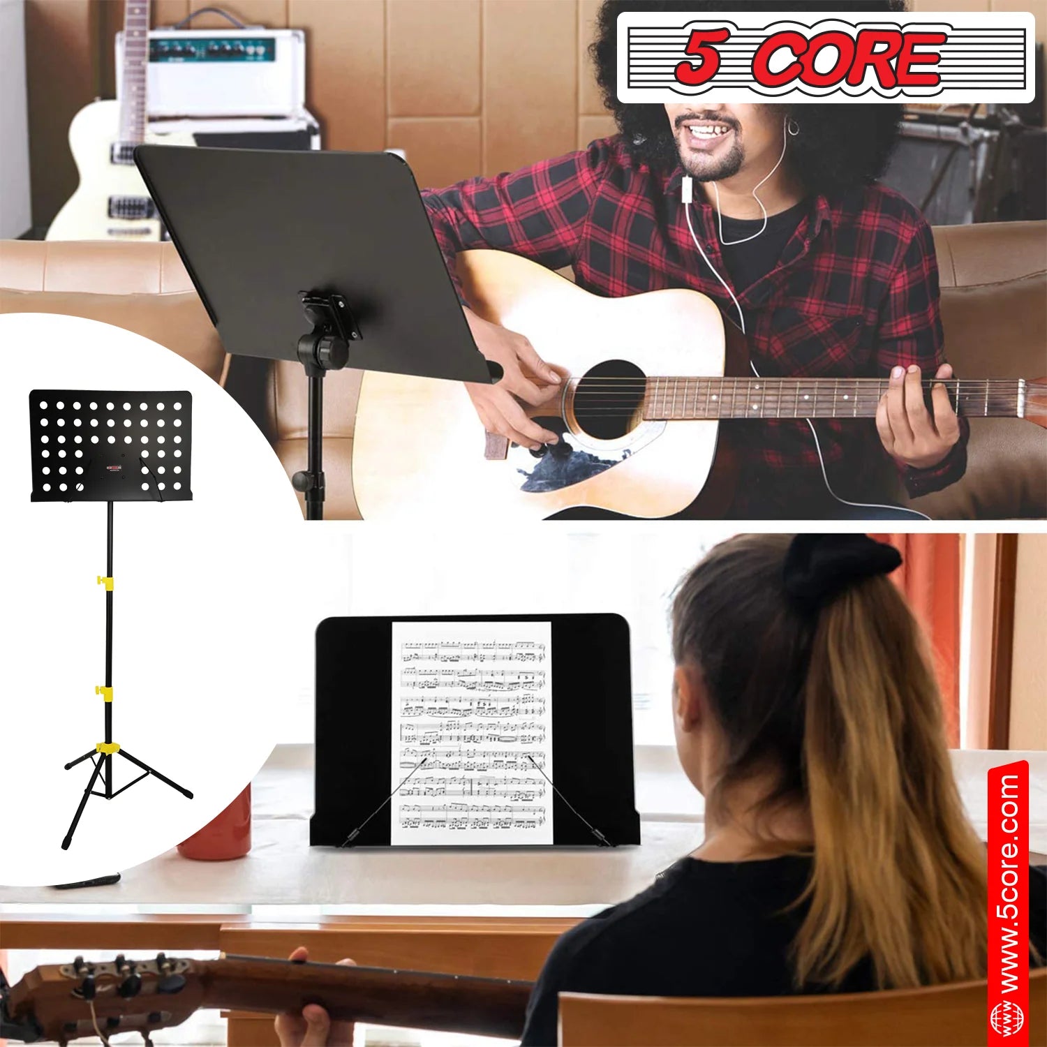 5Core Music Stand for Sheet Music Portable Tripod Adjustable Folding Note Holder Yellow
